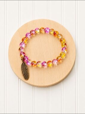 Boho Multi-Color Glass Bead Bracelet with Feather Charm